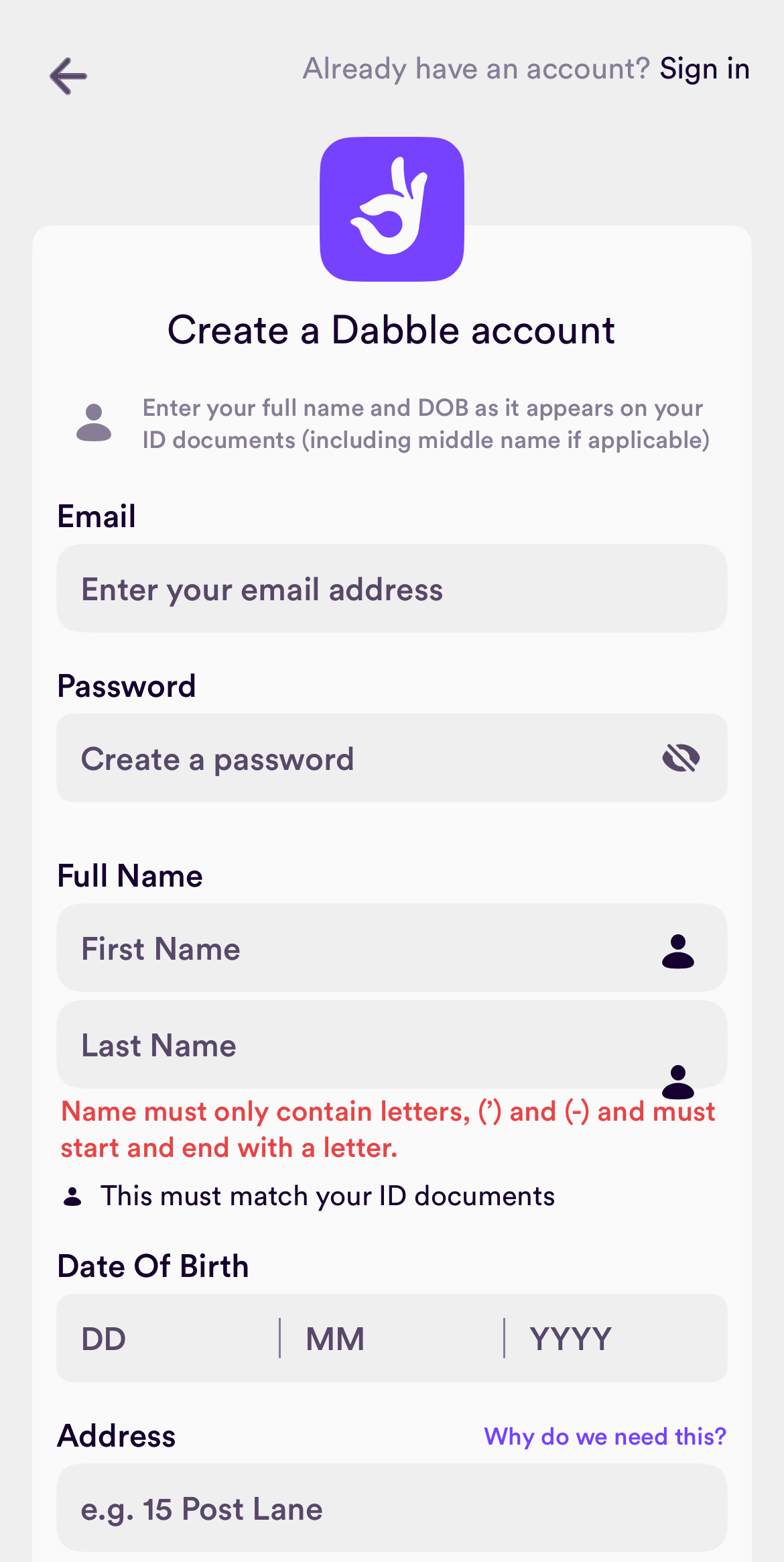 Dabble Personal Details