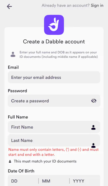 Dabble Personal Details