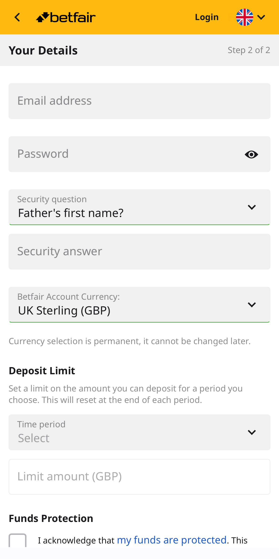 Betfair App Personal Details