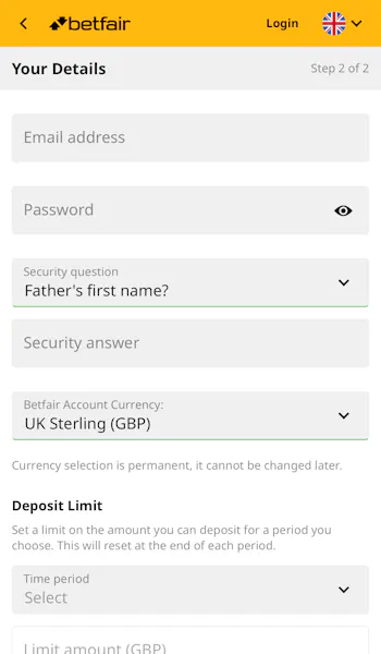 Betfair App Personal Details