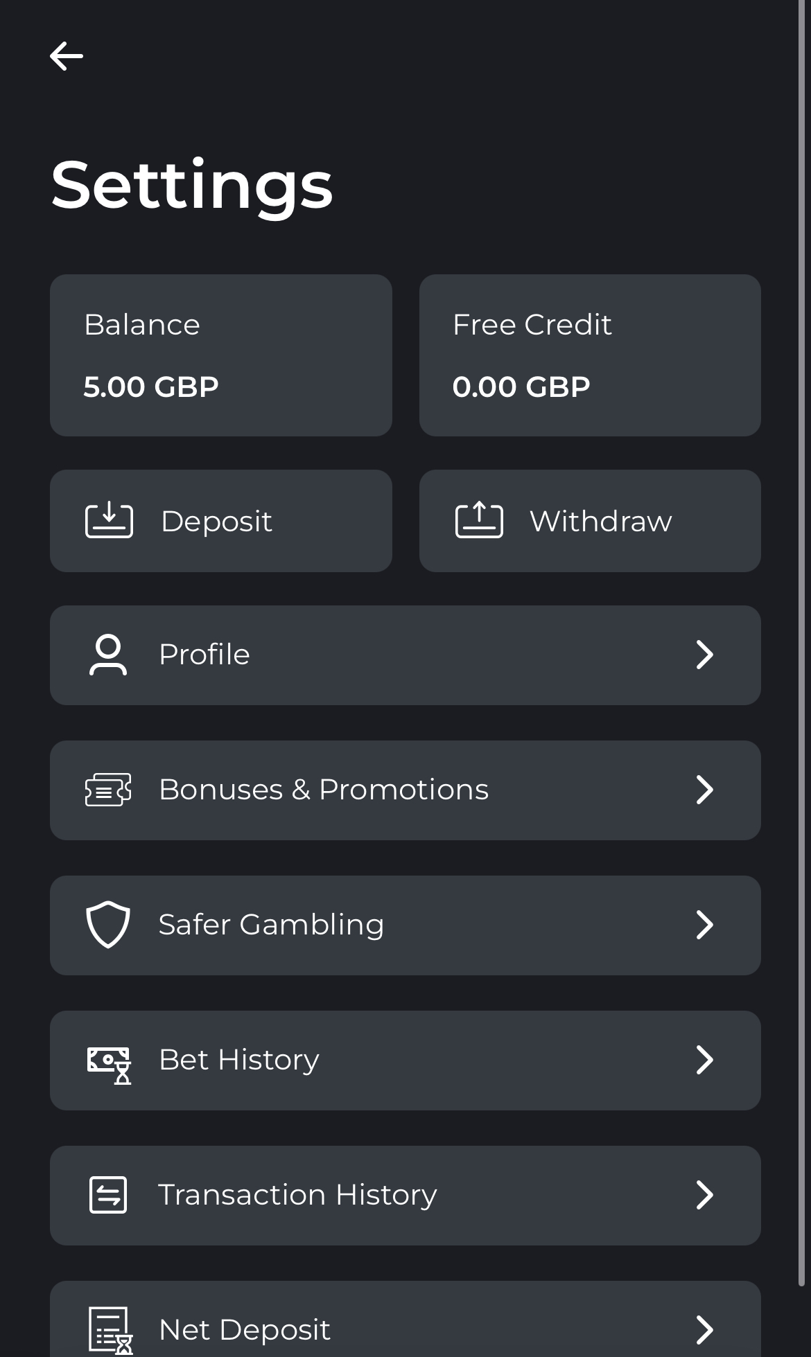 Swifty Sports Withdraw Menu