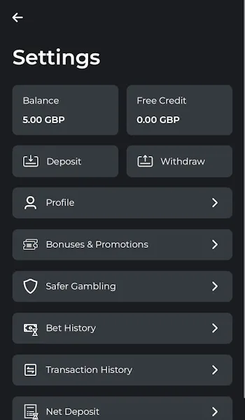 Swifty Sports Withdraw Menu