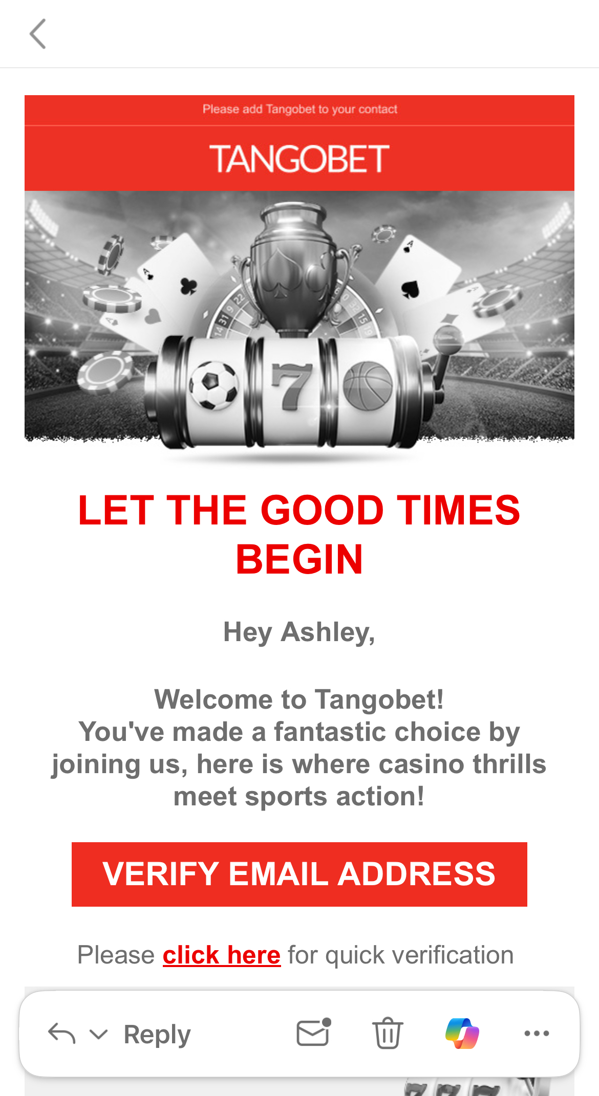 Tangobet verify email