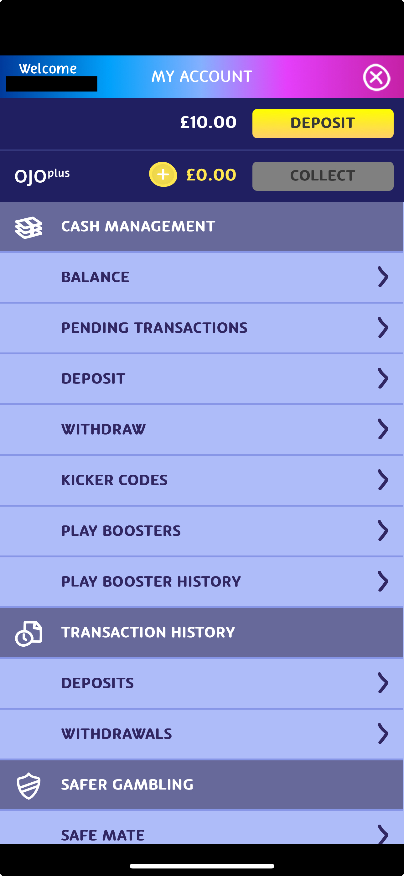 PlayOJO Deposit/Withdraw