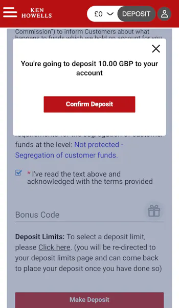 Ken Howells Deposit Confirmation