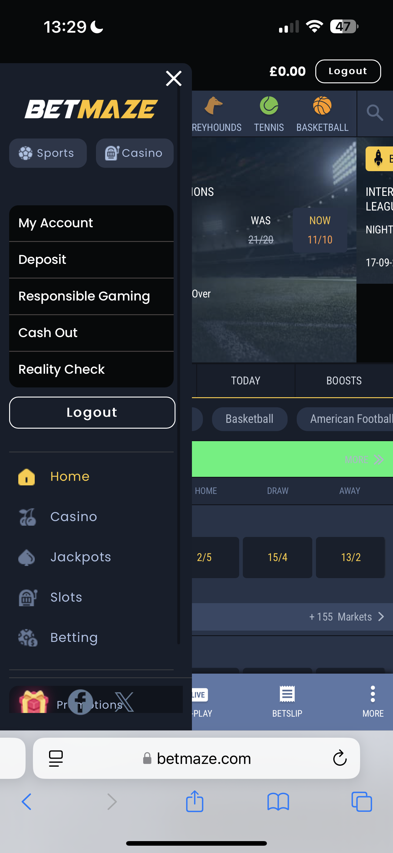 BetMaze Account Menu