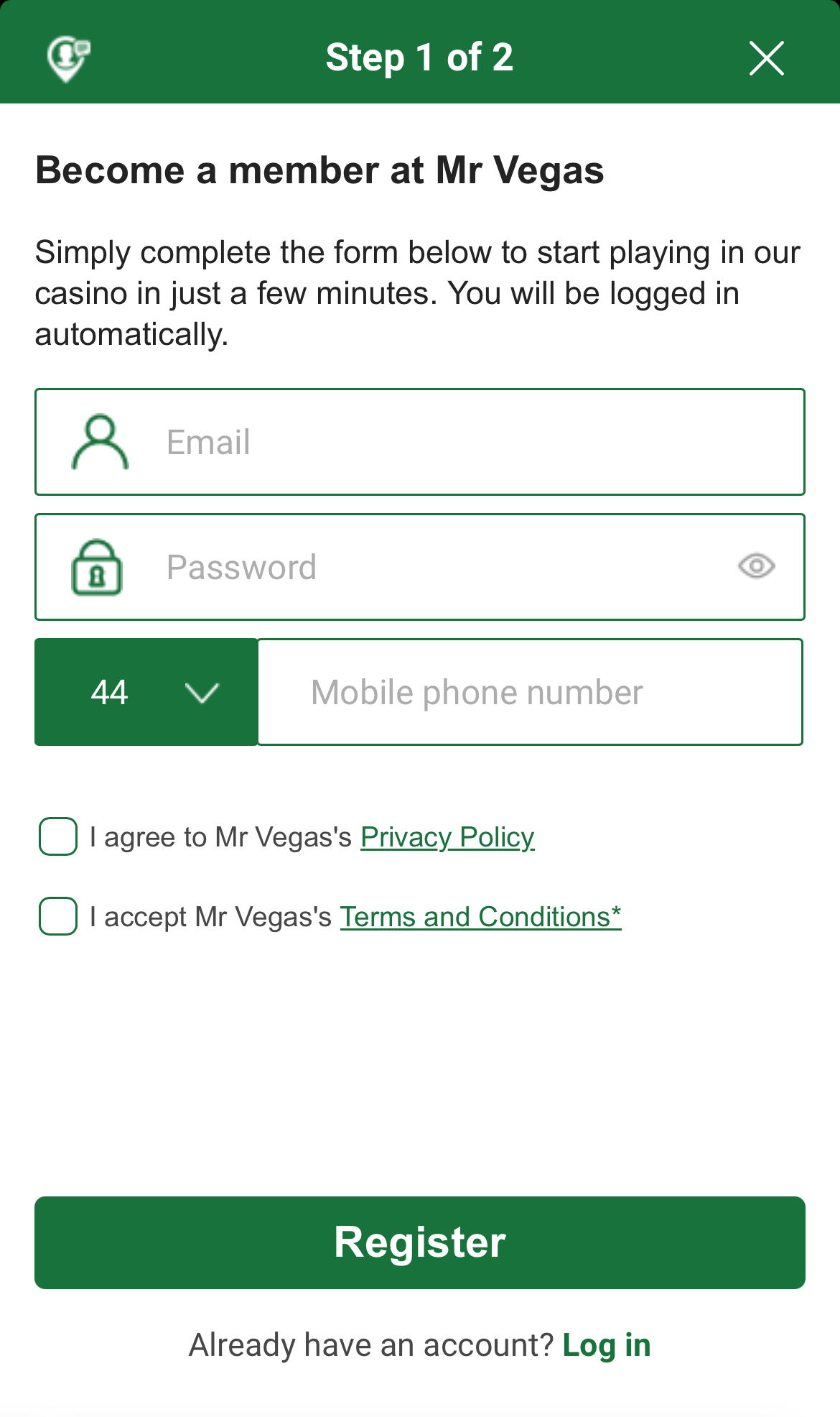 Mr Vegas Sign Up Form