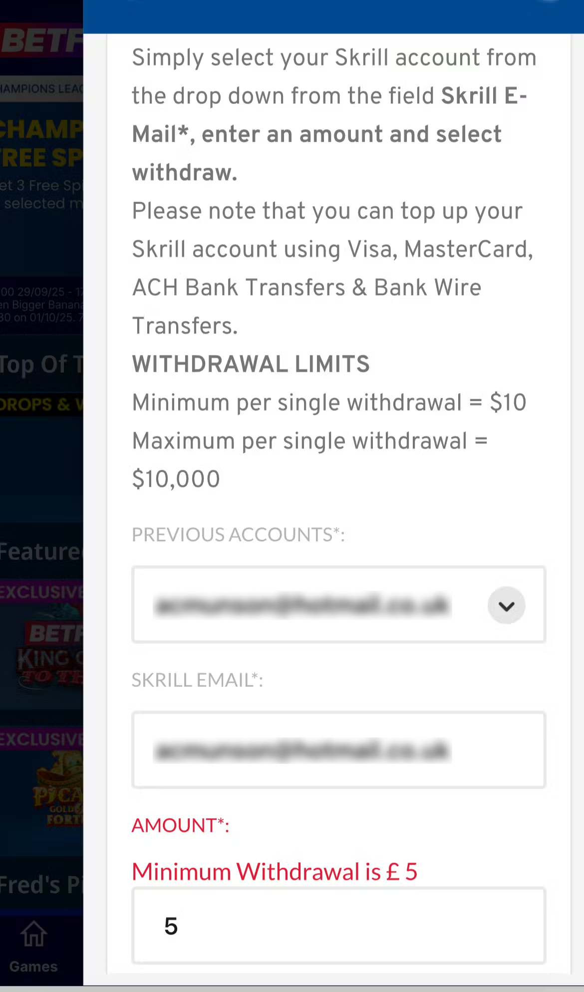 Skrill Betfred Withdraw blurred