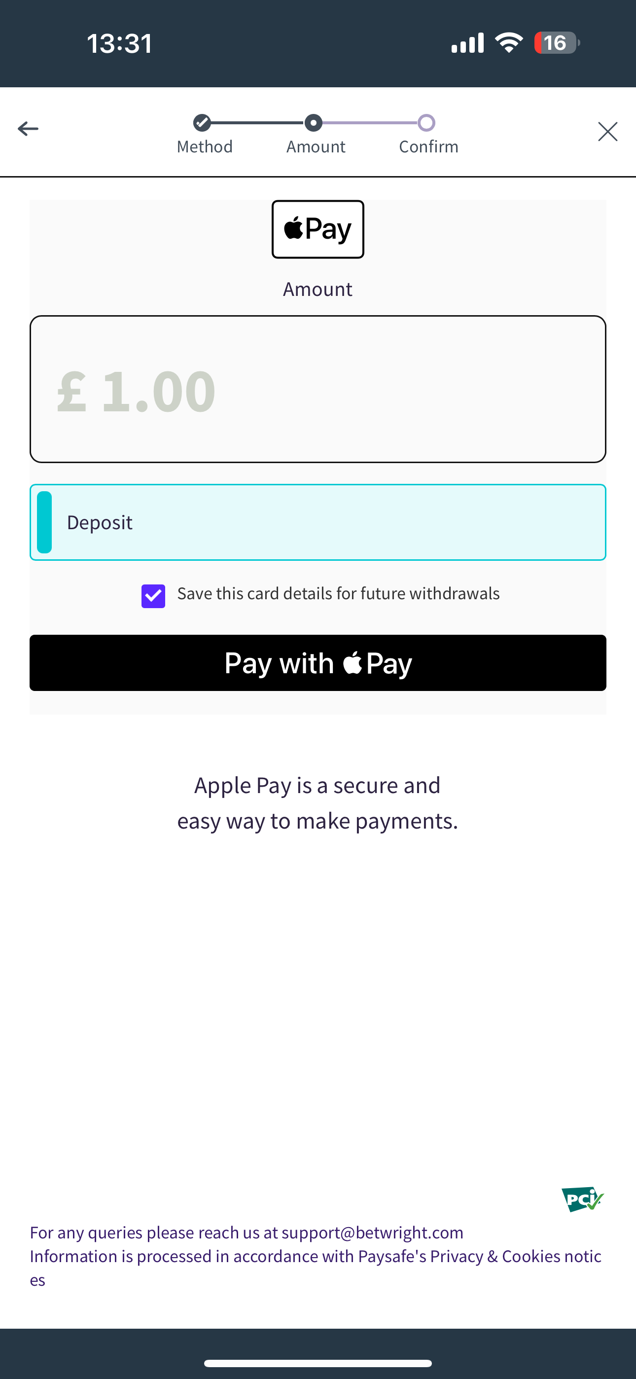 BetWright Apple Pay deposit