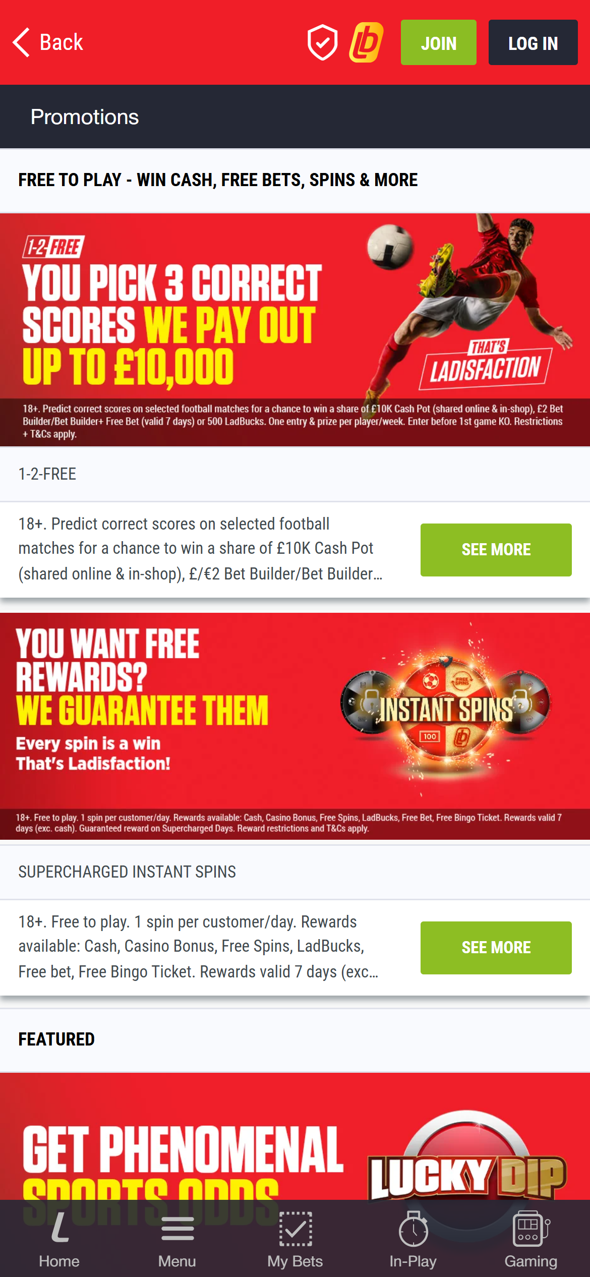 Ladbrokes 1-2-free promotion menu