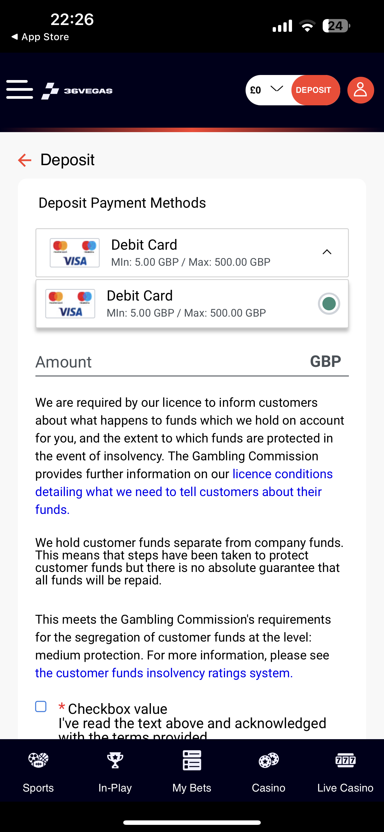 36Vegas Deposit 1