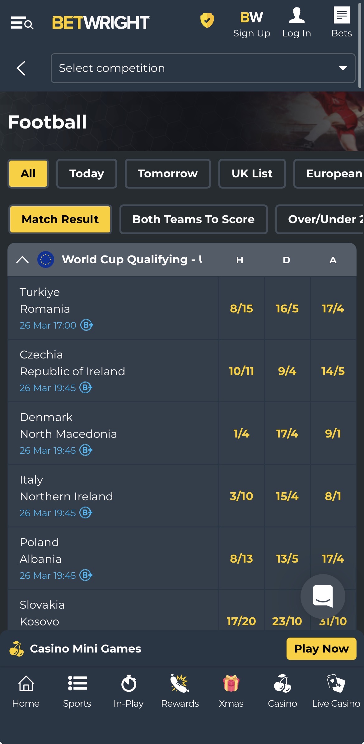 Betwright sport menu