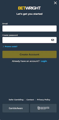 Betwright sign up screen