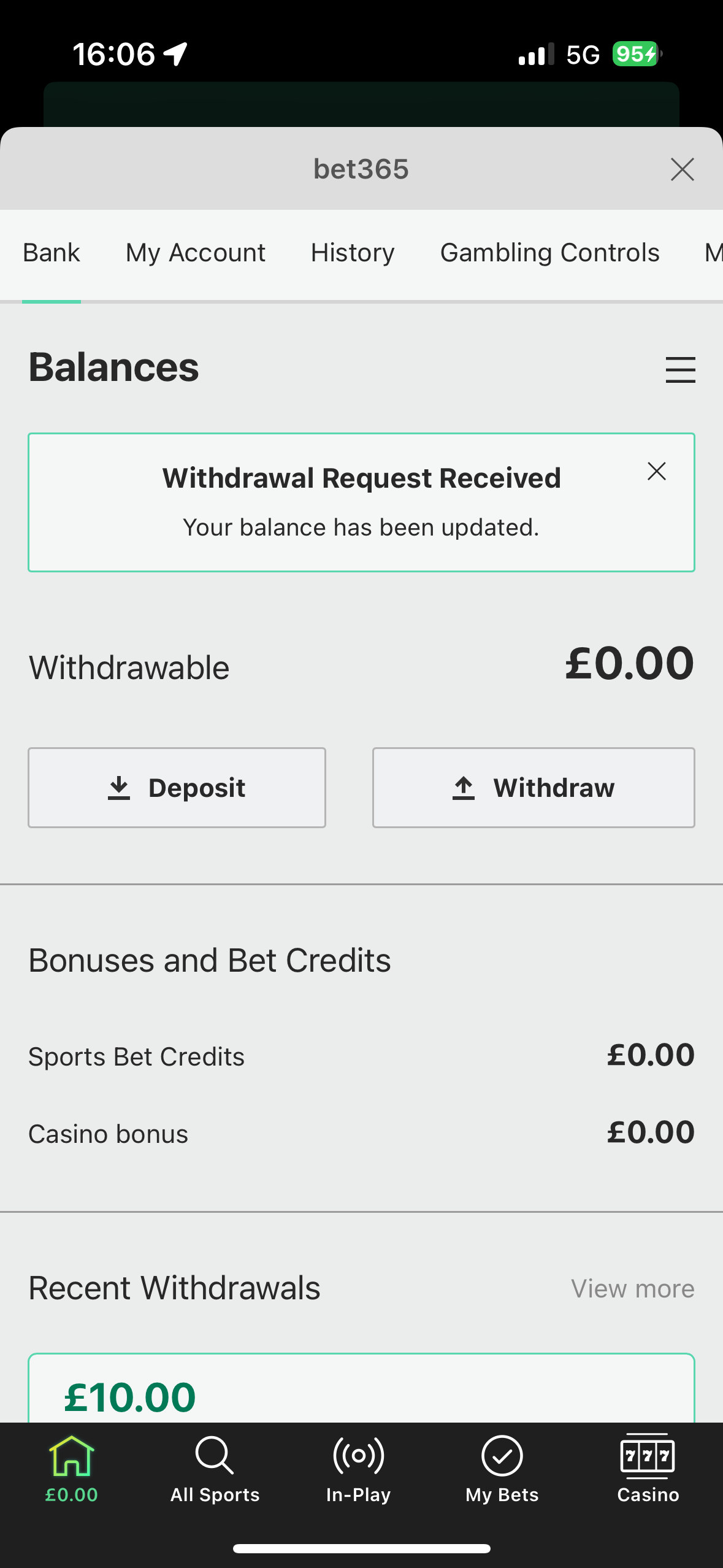 Bet365 Visa withdrawal success