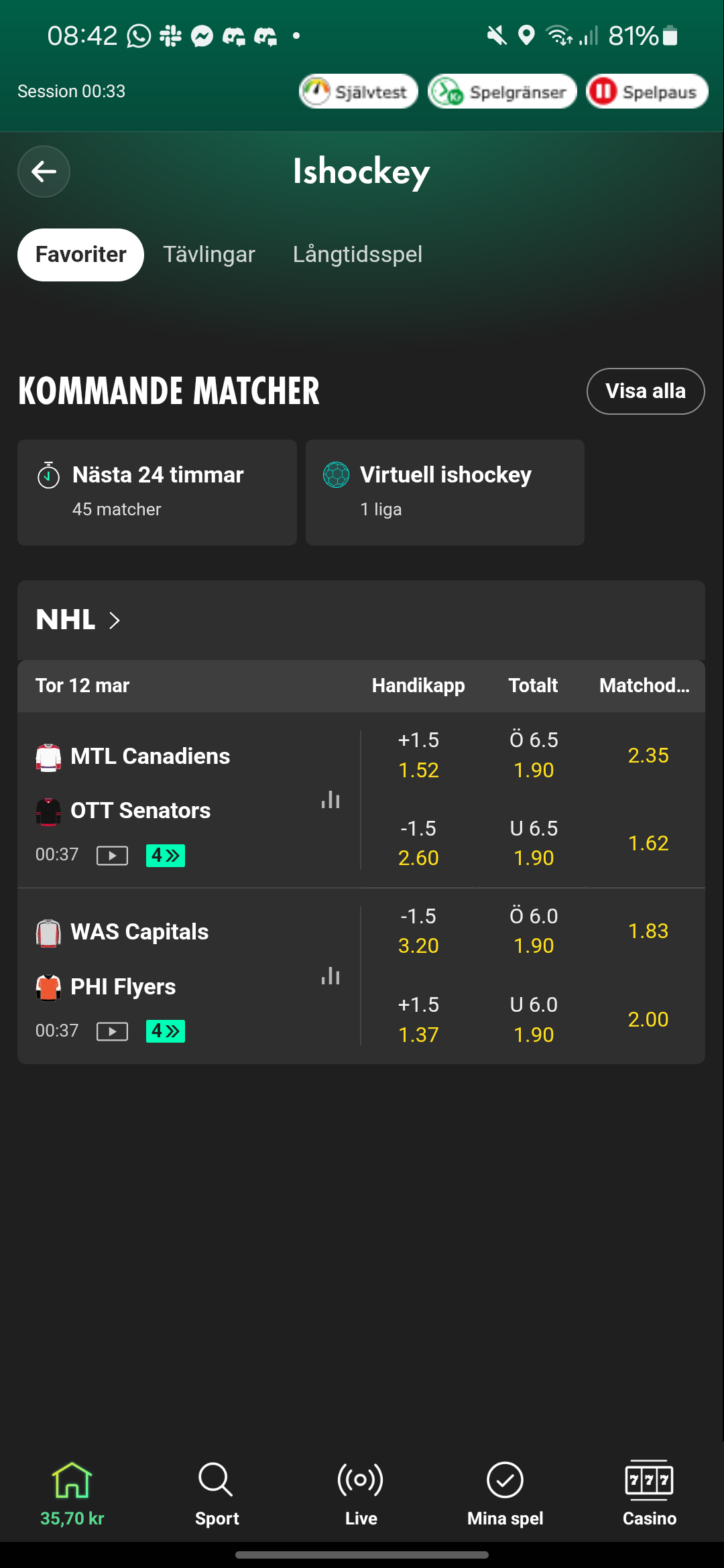 Bet365 ishockeyutbud