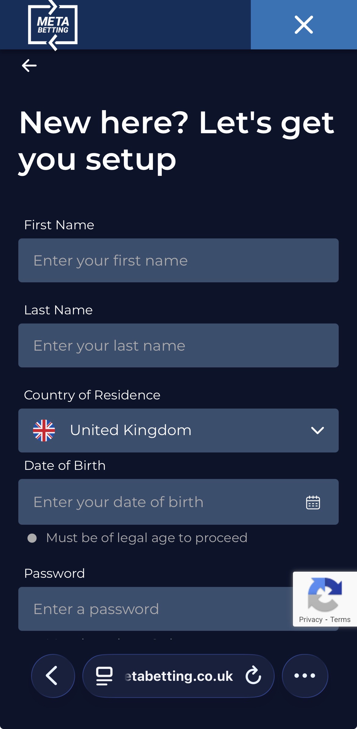 Meta Betting Registration Personal Details