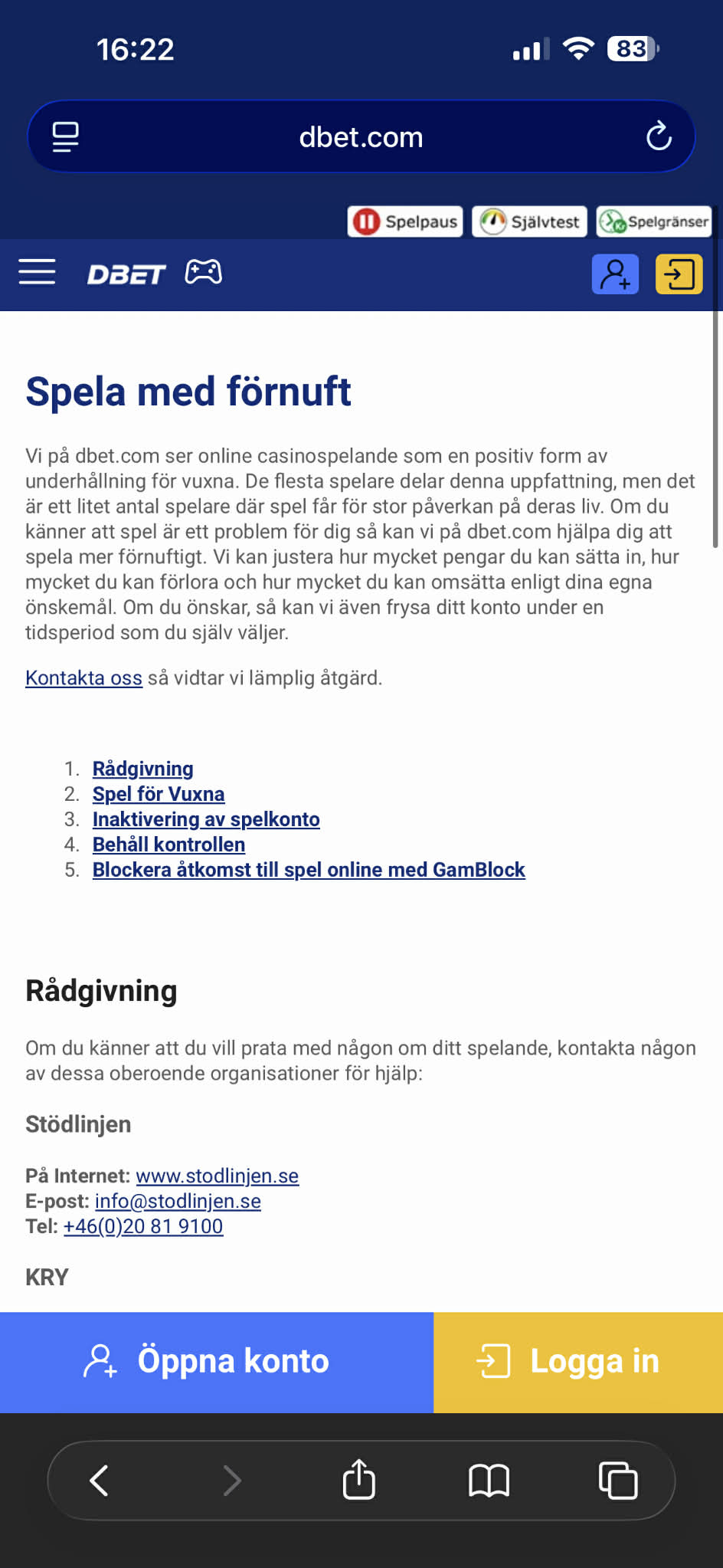 Ansvarsfullt spelande - DBET