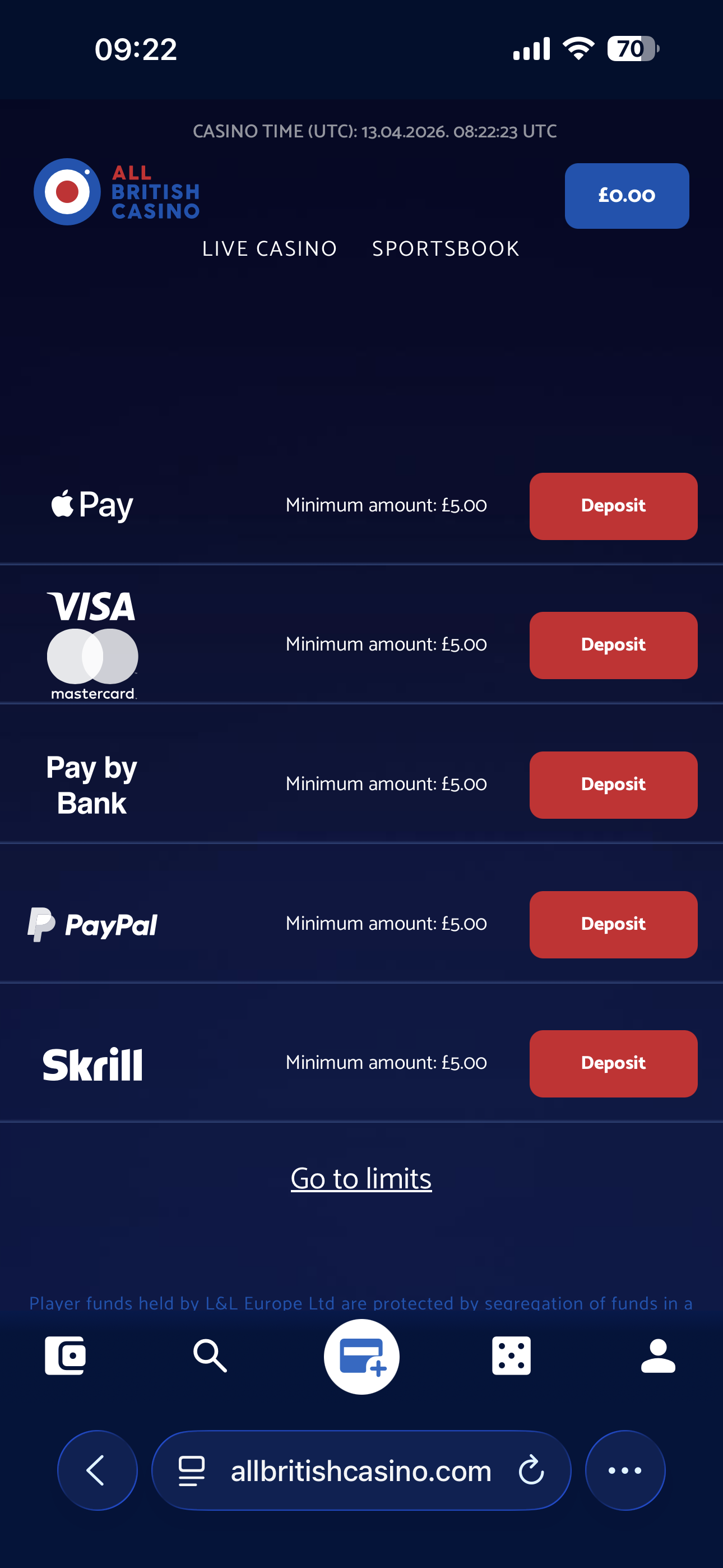 All British Casino deposit cashier