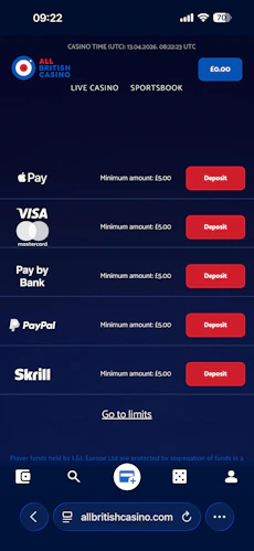 All British Casino deposit cashier