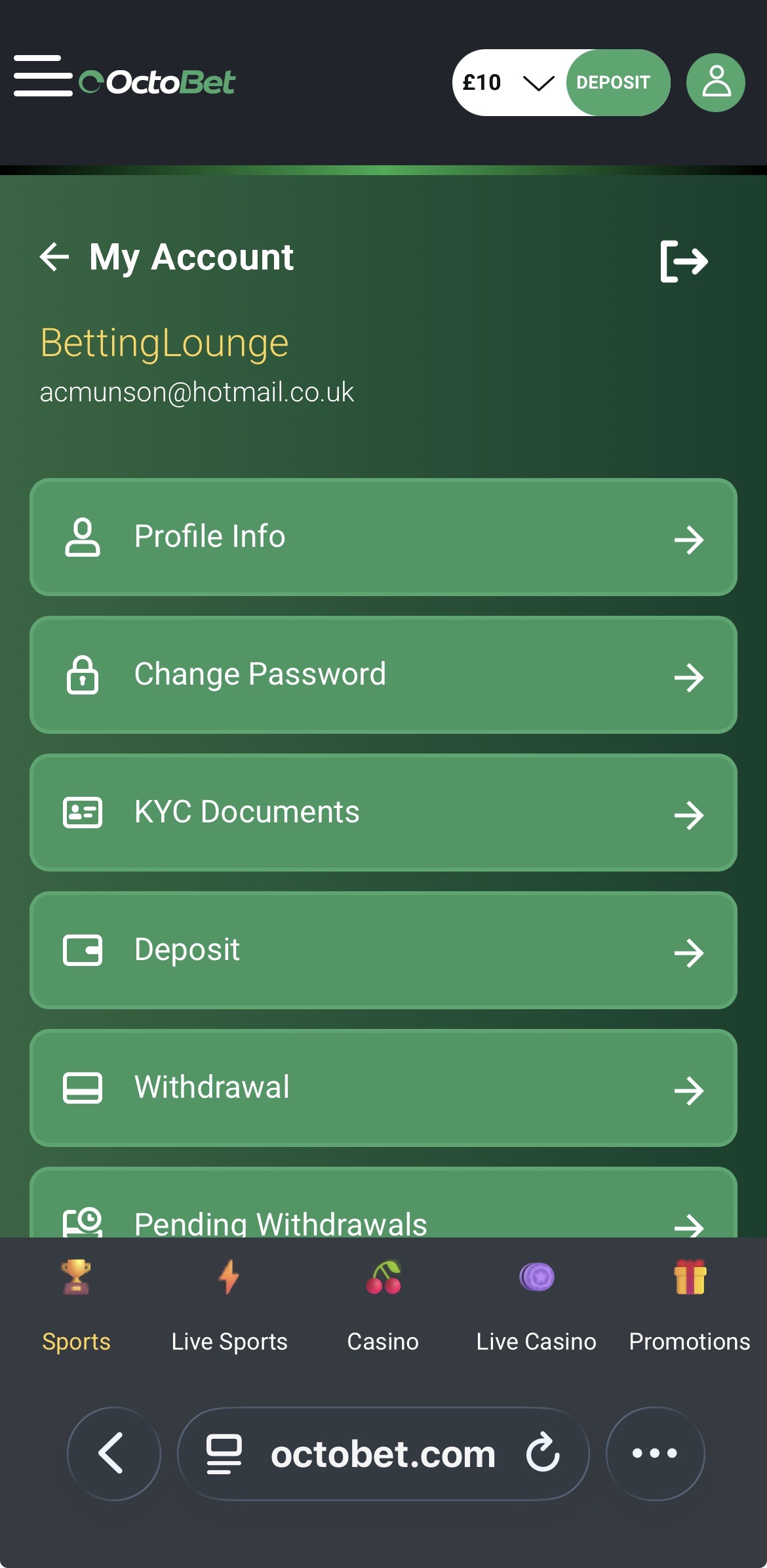 Octobet Withdraw Menu