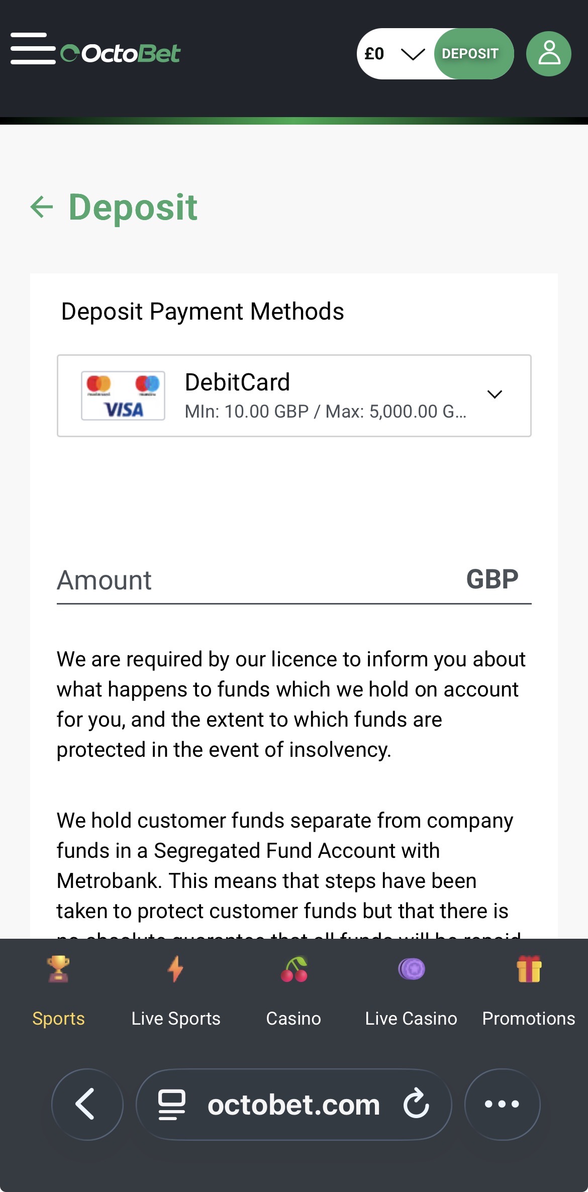 Octobet Deposit Method