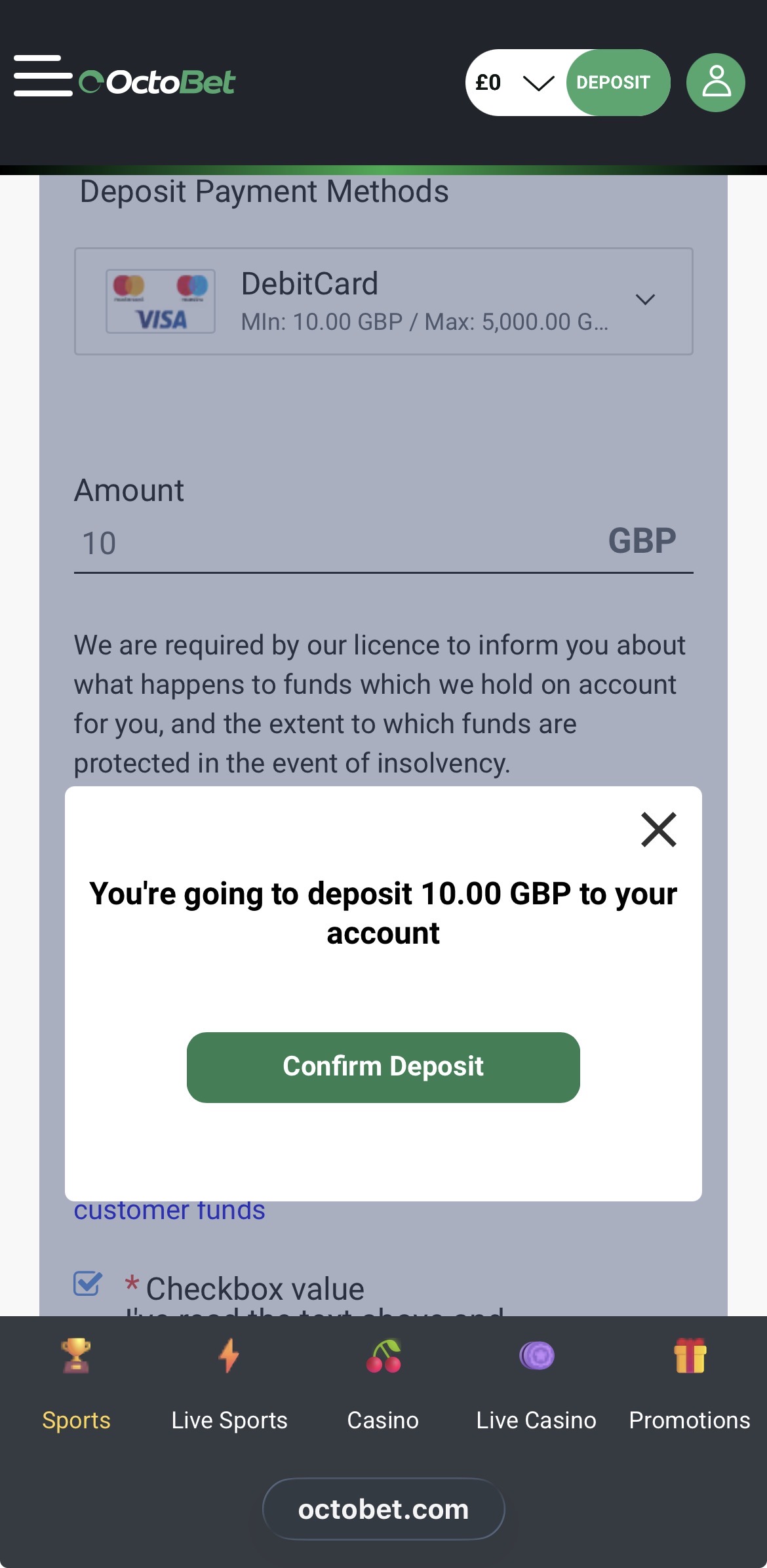 Octobet Deposit Confirm