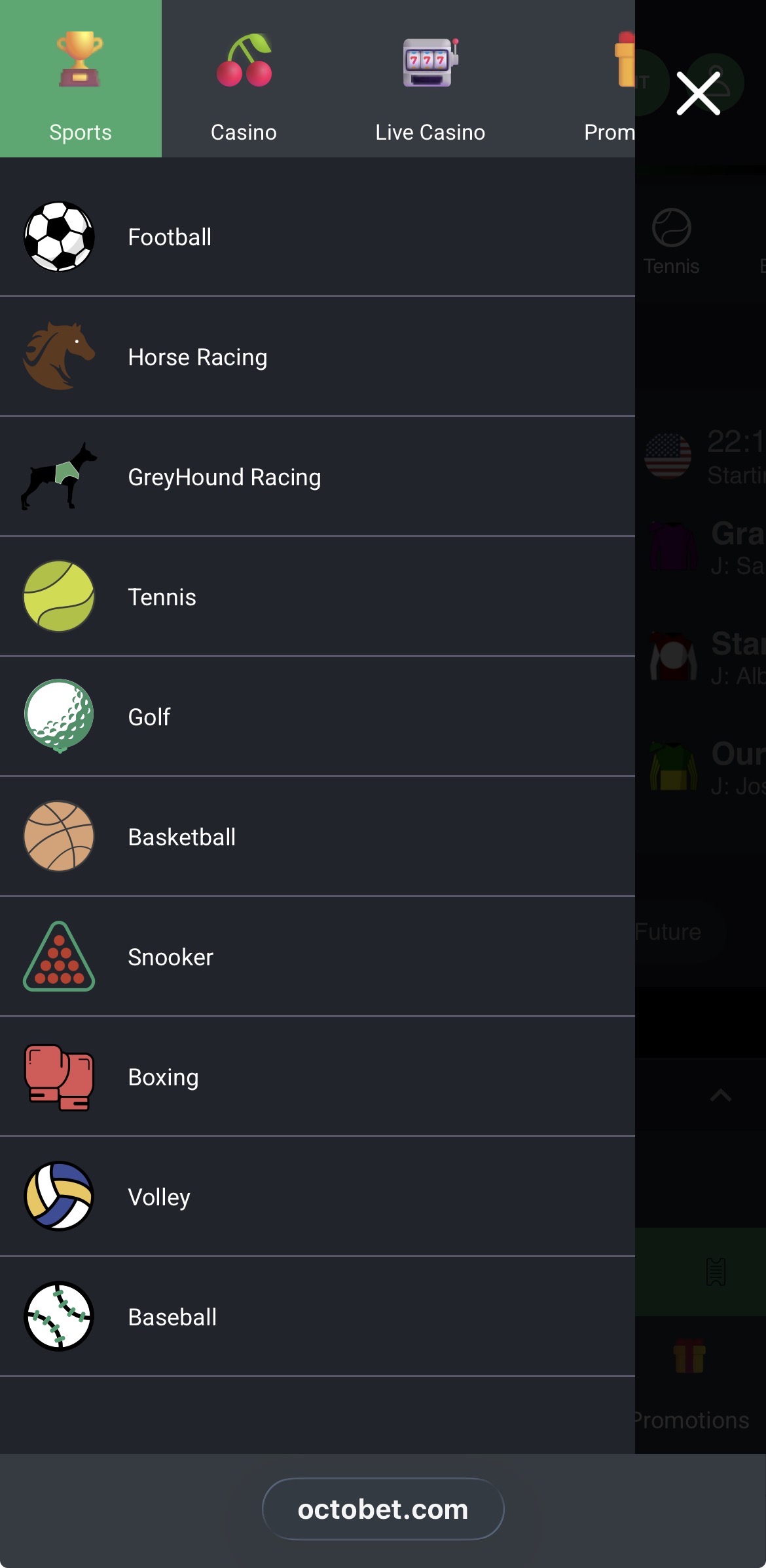 Octobet Sports Menu