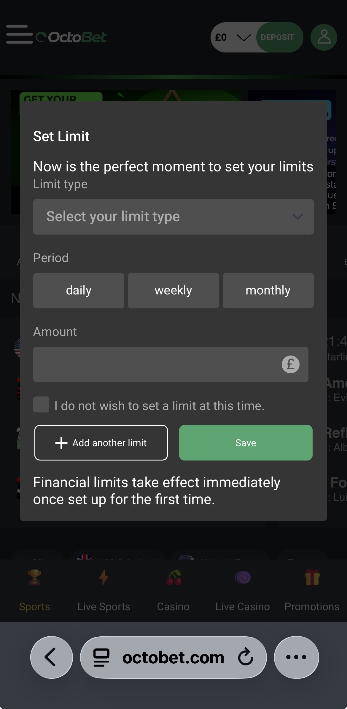 Octobet Deposit Limit - First Login