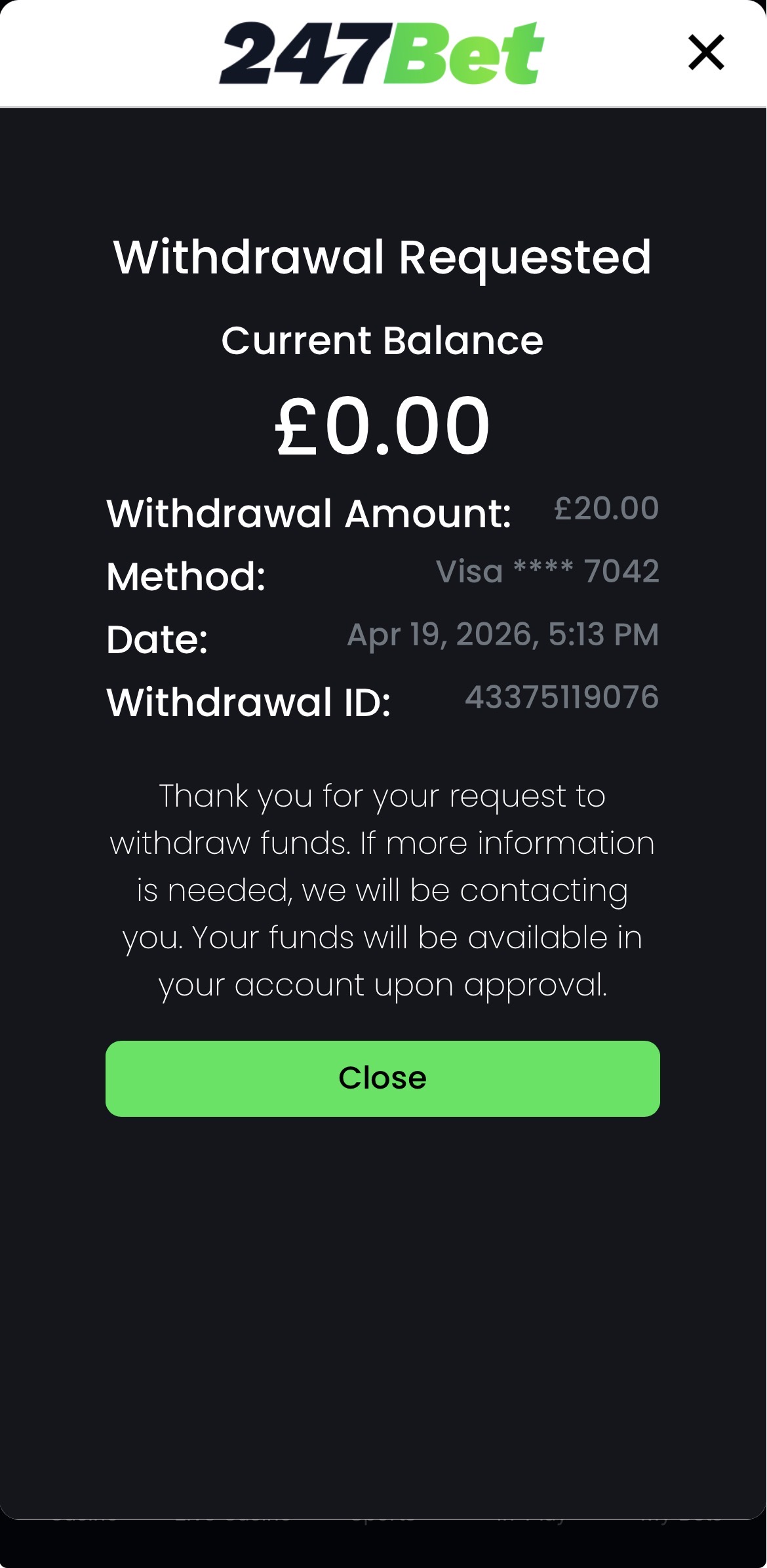 247bet app withdrawal requested