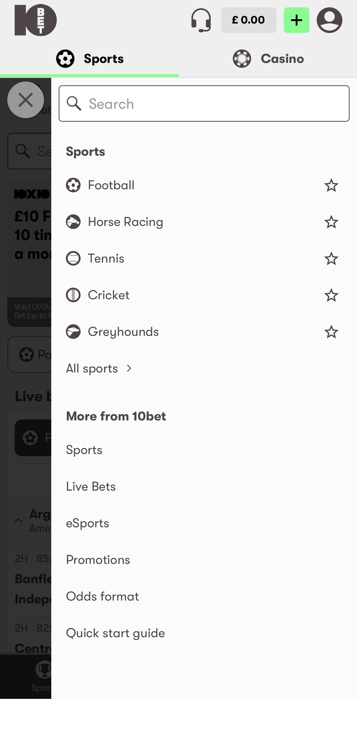 10bet app sports menu