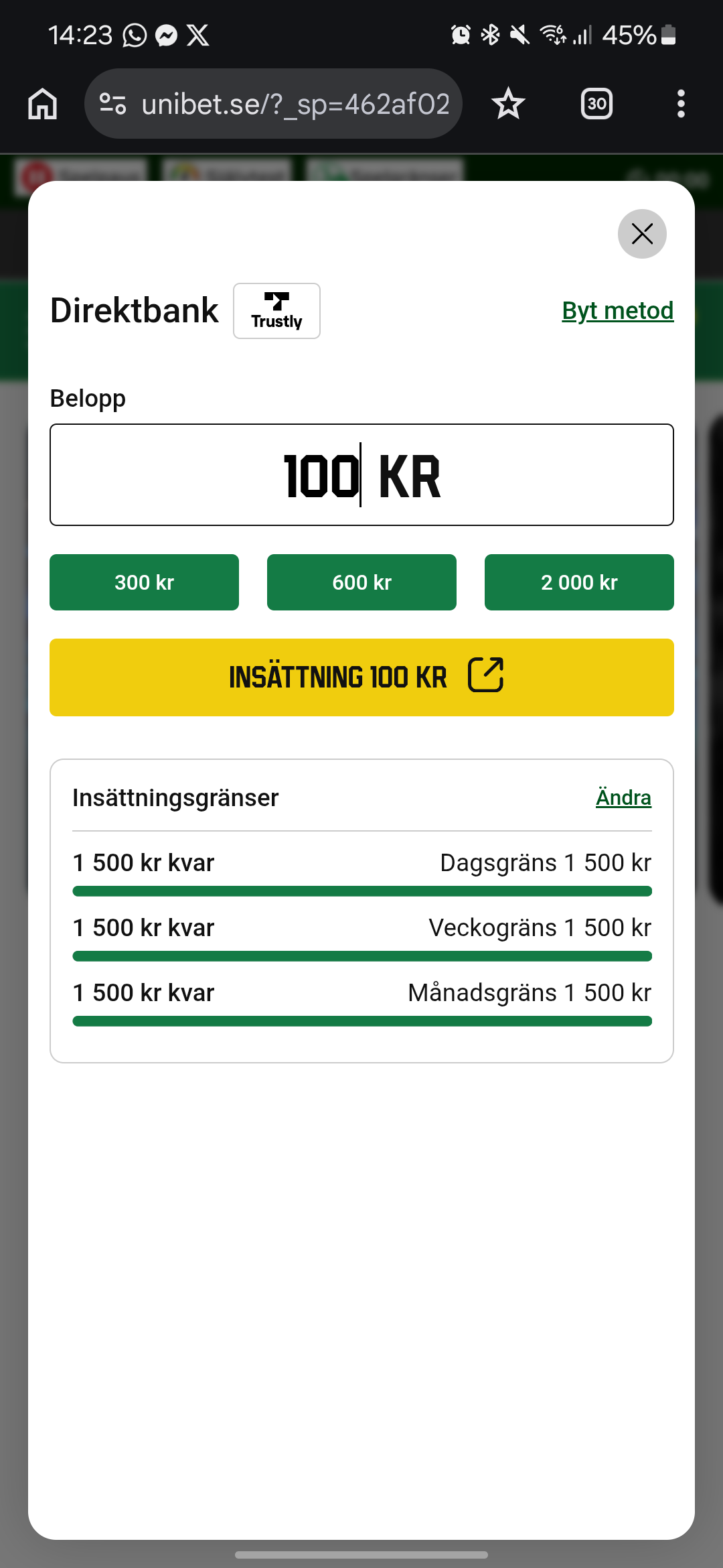 Unibet Trustly insättning 1