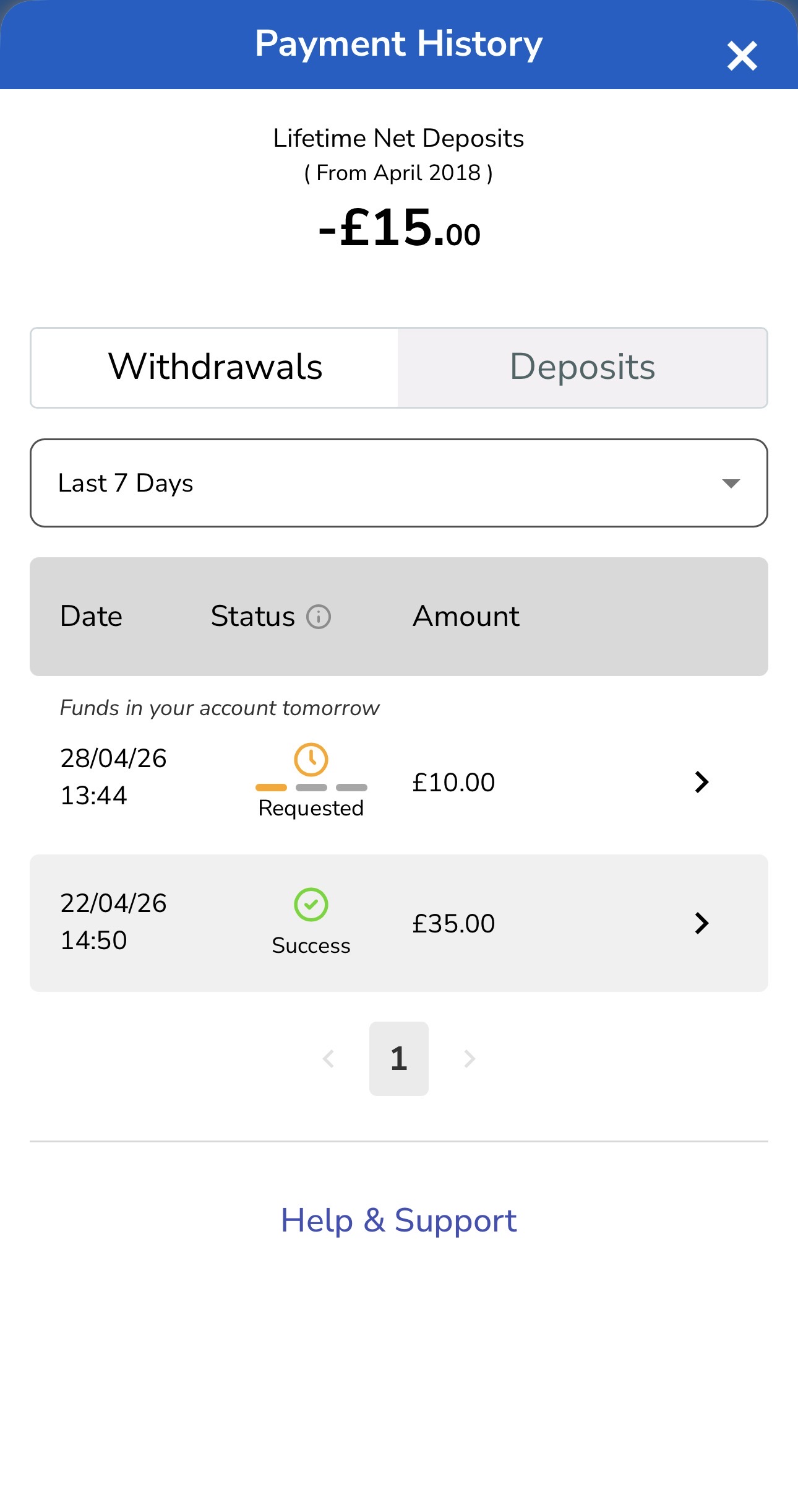 Jackpot Joy Withdrawal History