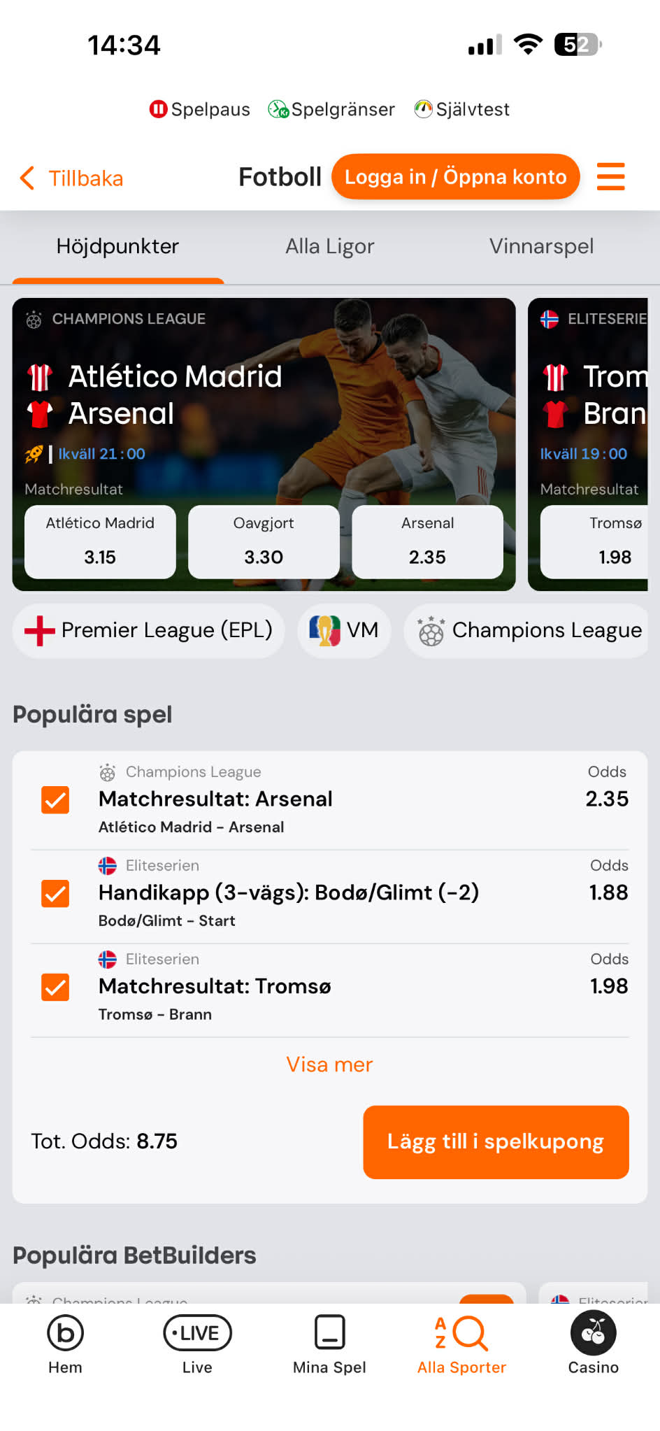 Fotbollsutbud - Betsson 