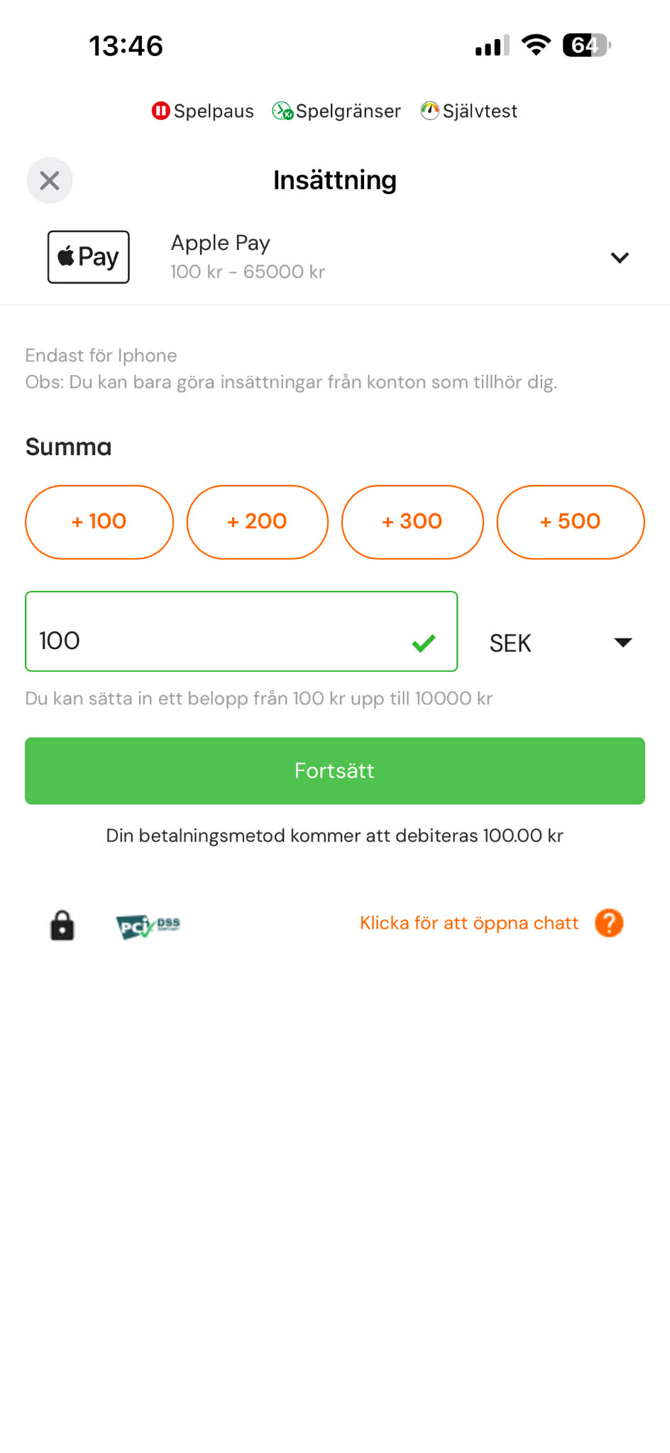Insättning - Betsson 2