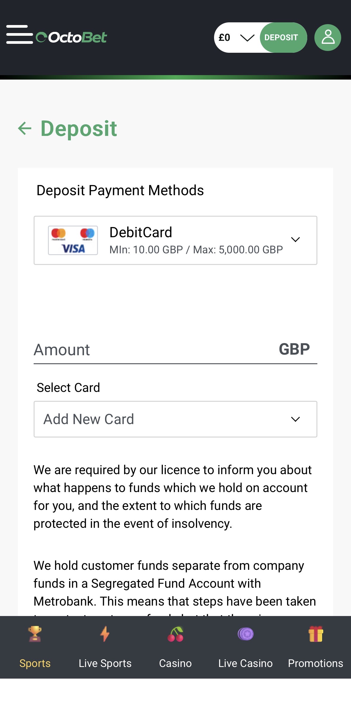 Octobet App Deposit Amount