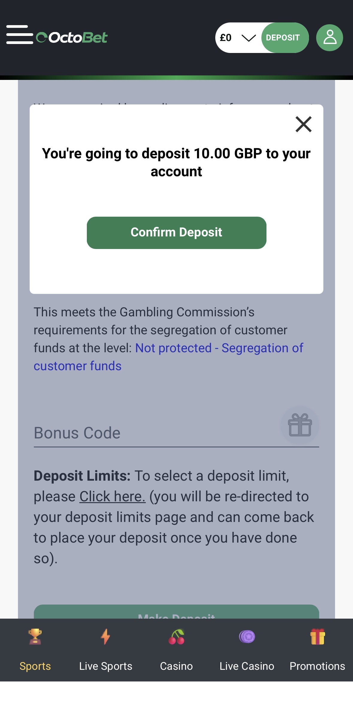 Octobet App Deposit Confirm