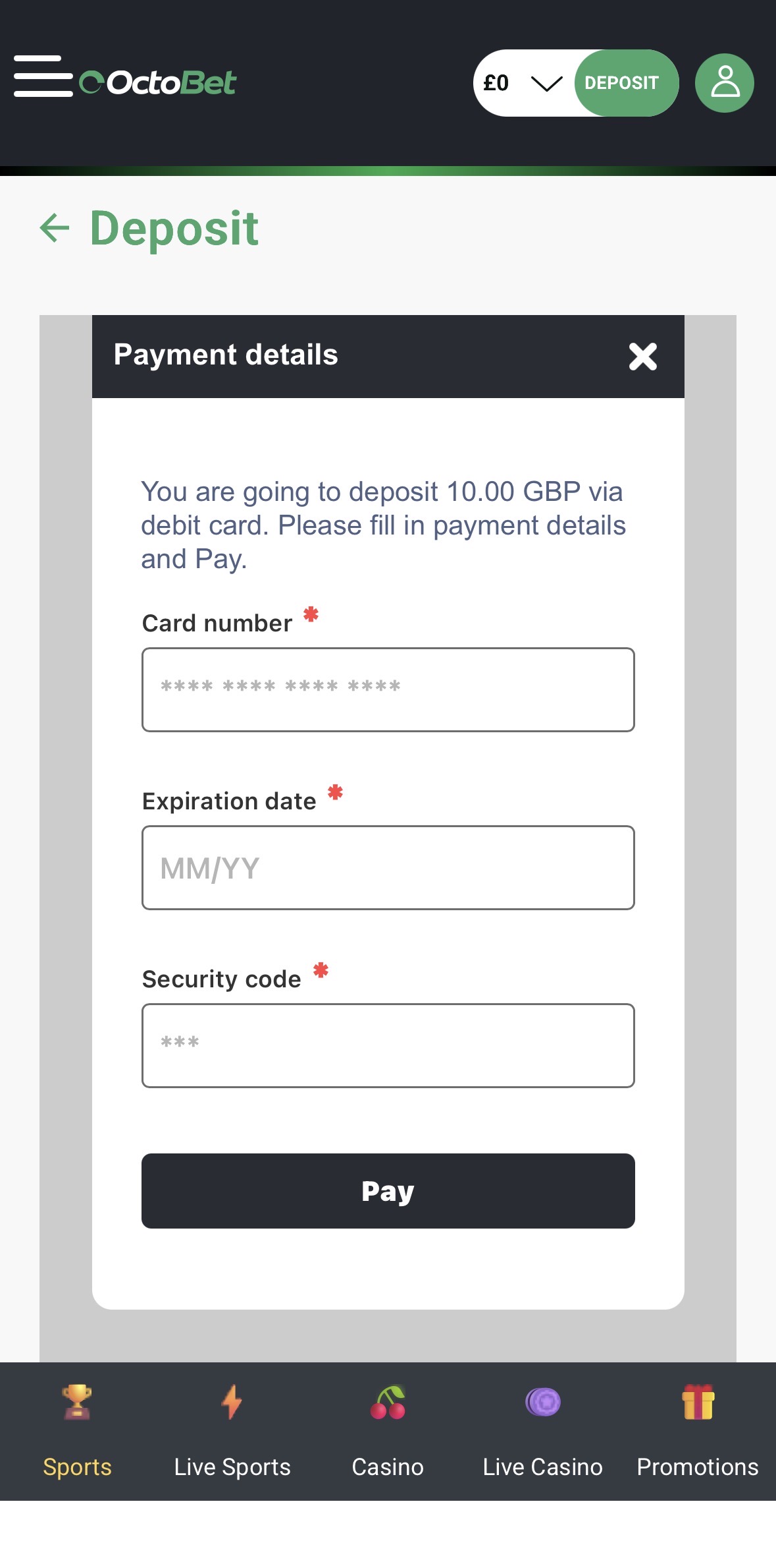 Octobet App Deposit Card Details
