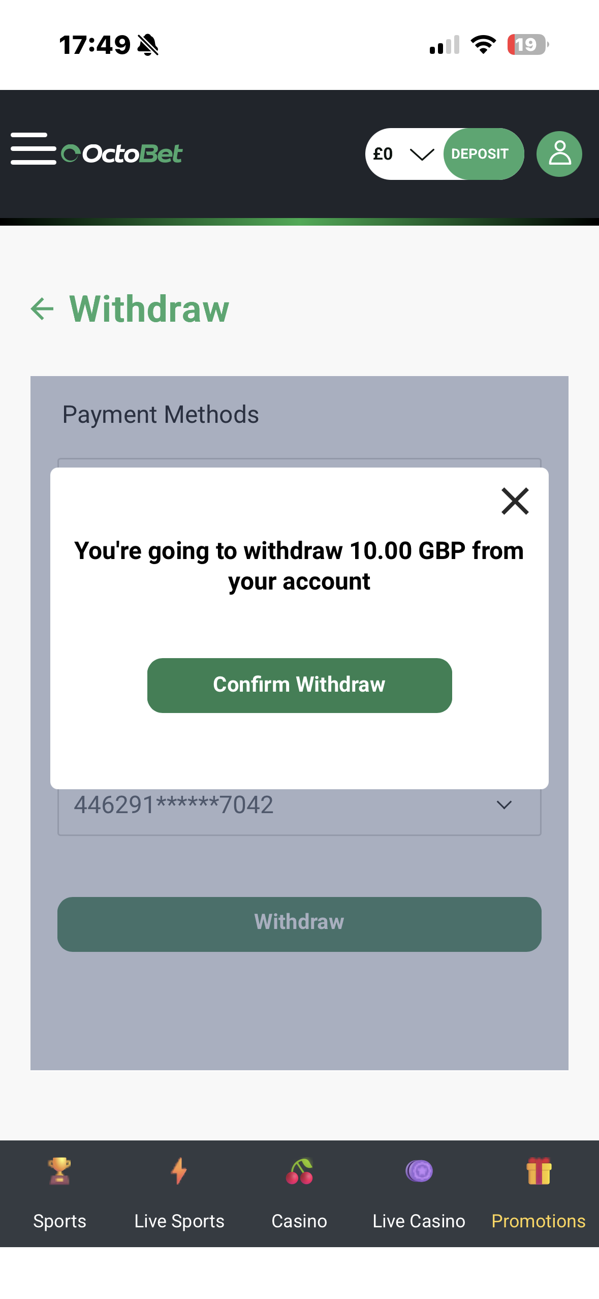 Octobet App Withdraw Confirm