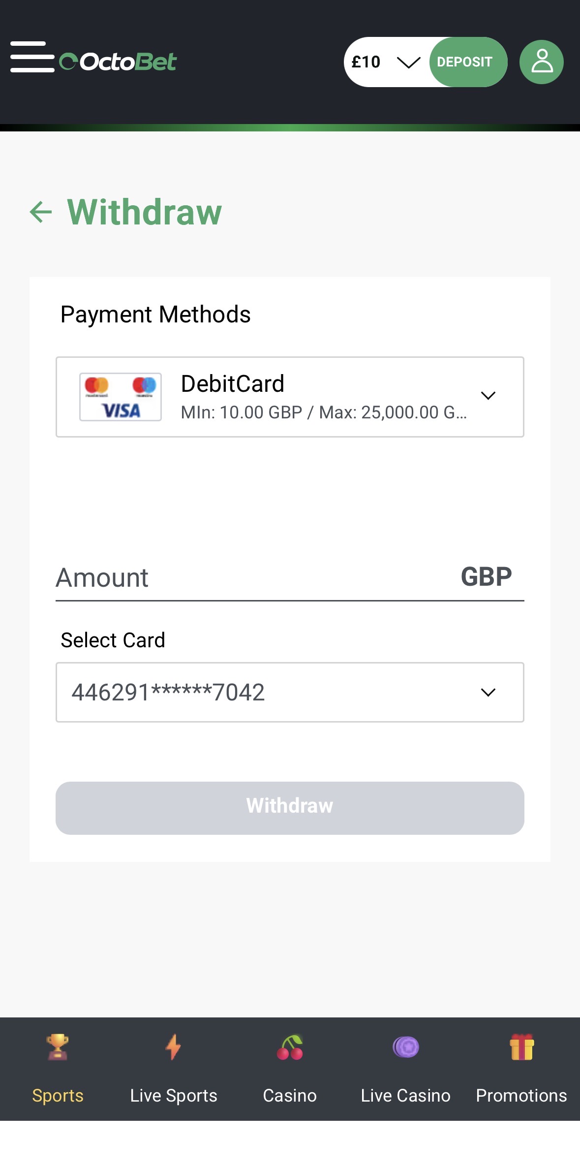 Octobet App Withdrawal Amount