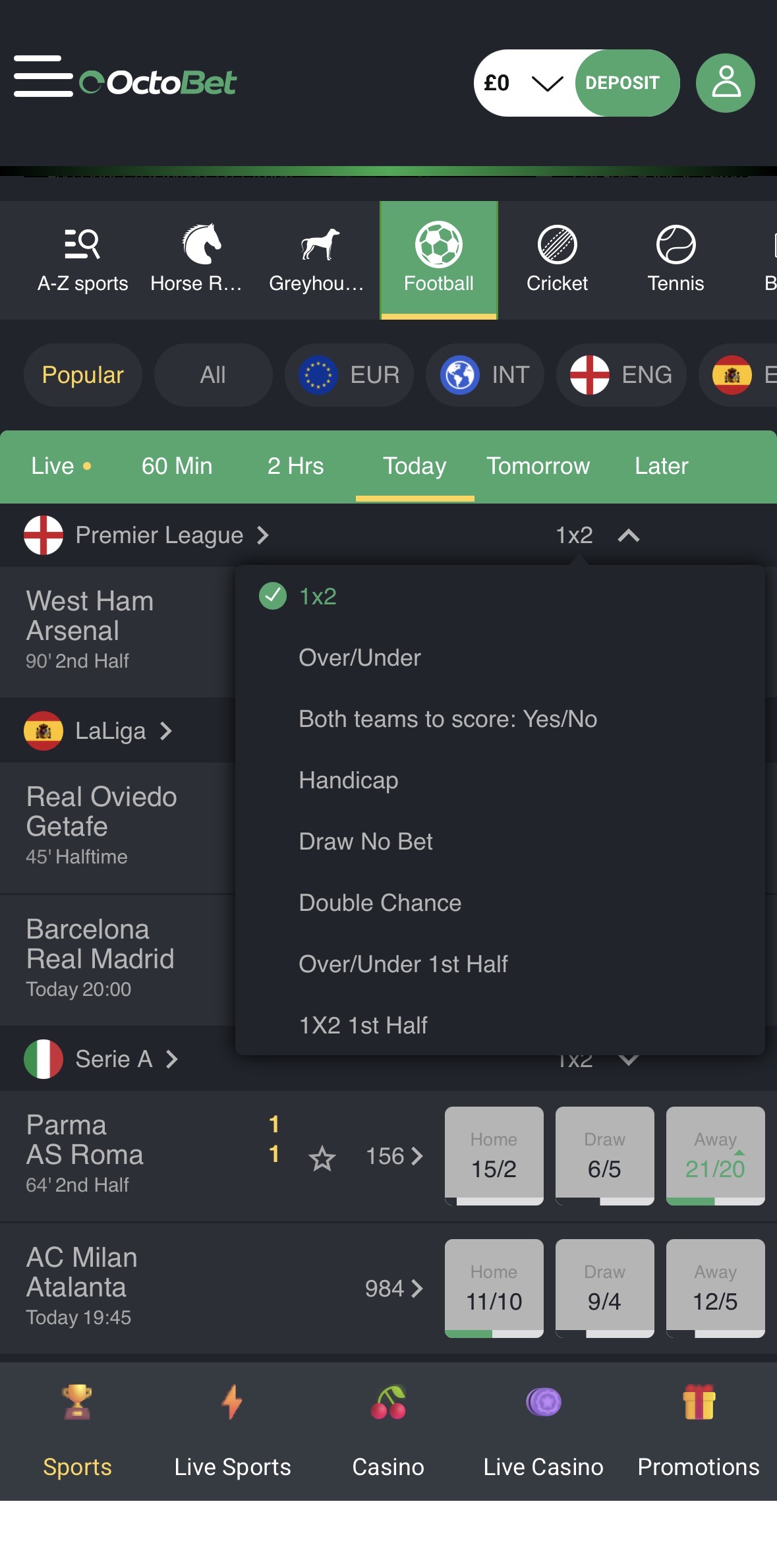 Octobet App Sportsbook Market List