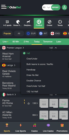 Octobet App Sportsbook Market List