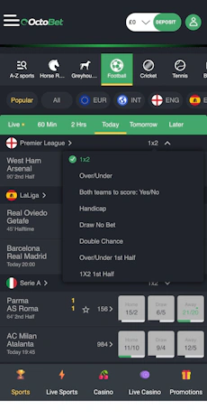 Octobet App Sportsbook Market List
