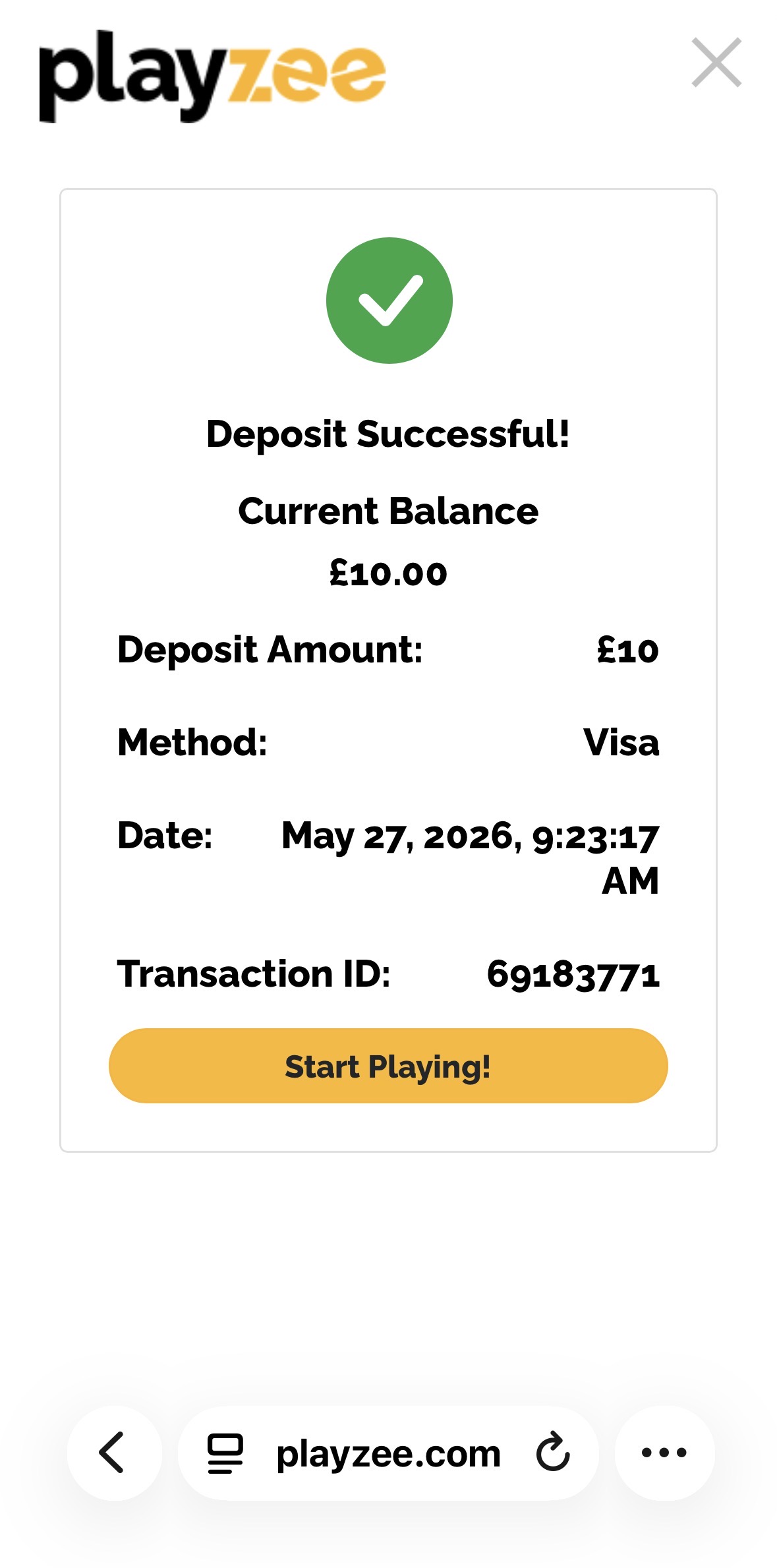 Playzee Deposit Successful
