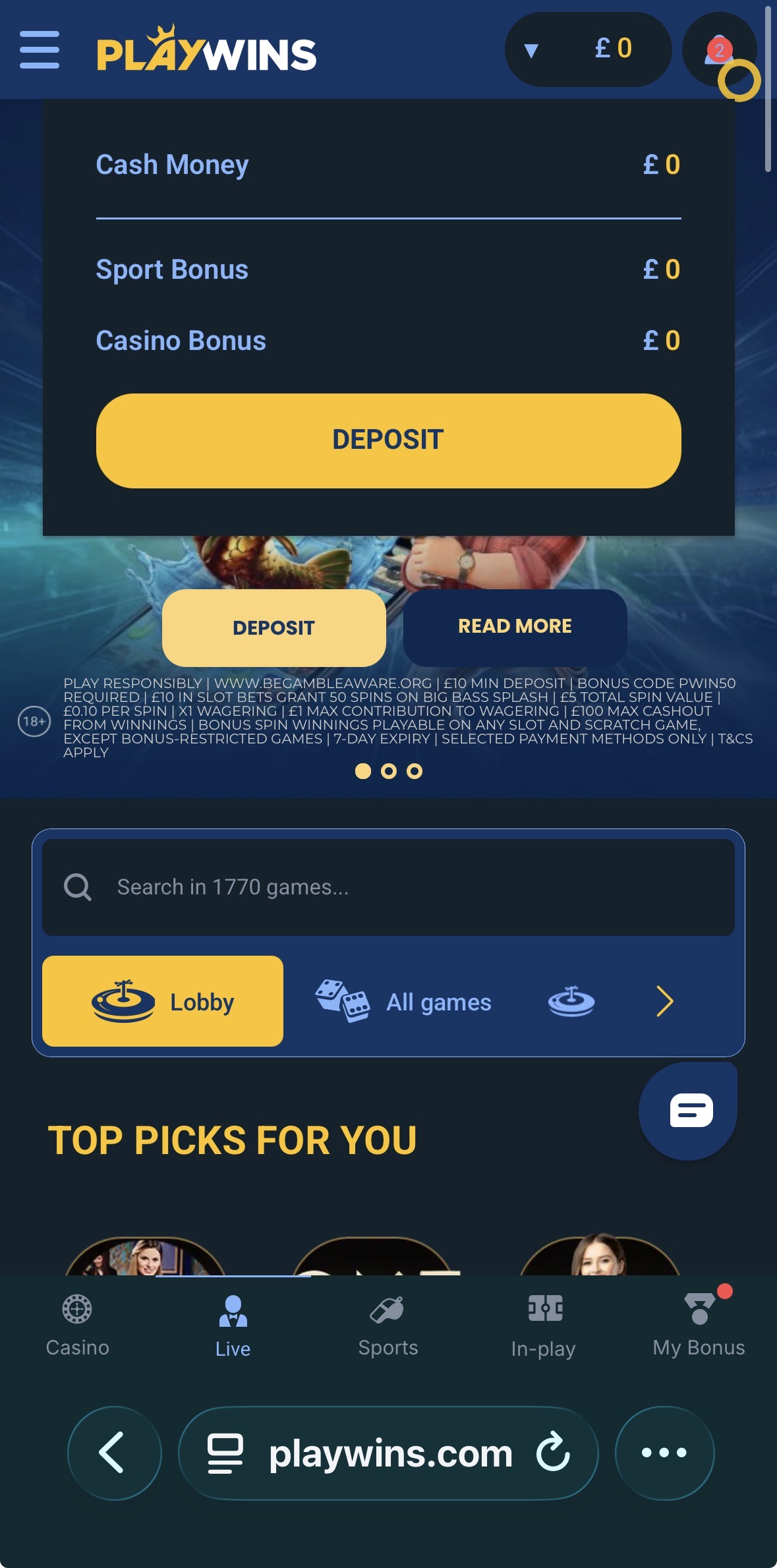PlayWins Deposit 1