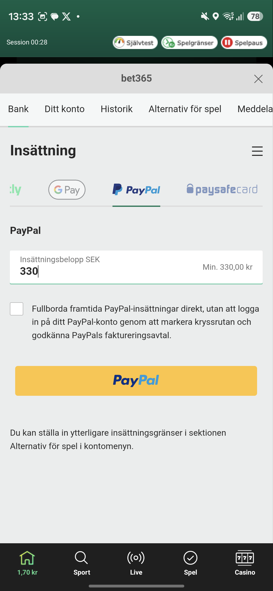 PayPal insättning 1 Bet365