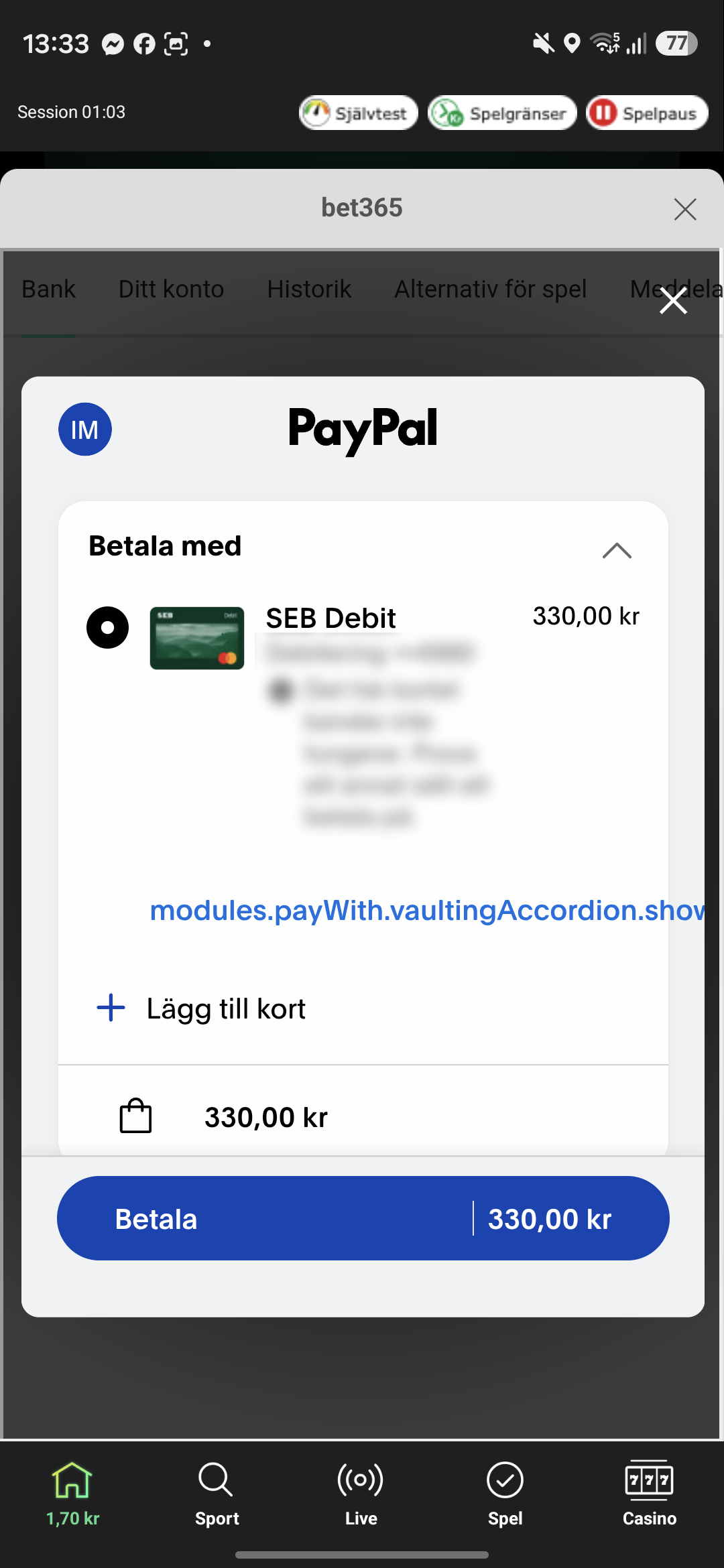 PayPal insättning 3 Bet365