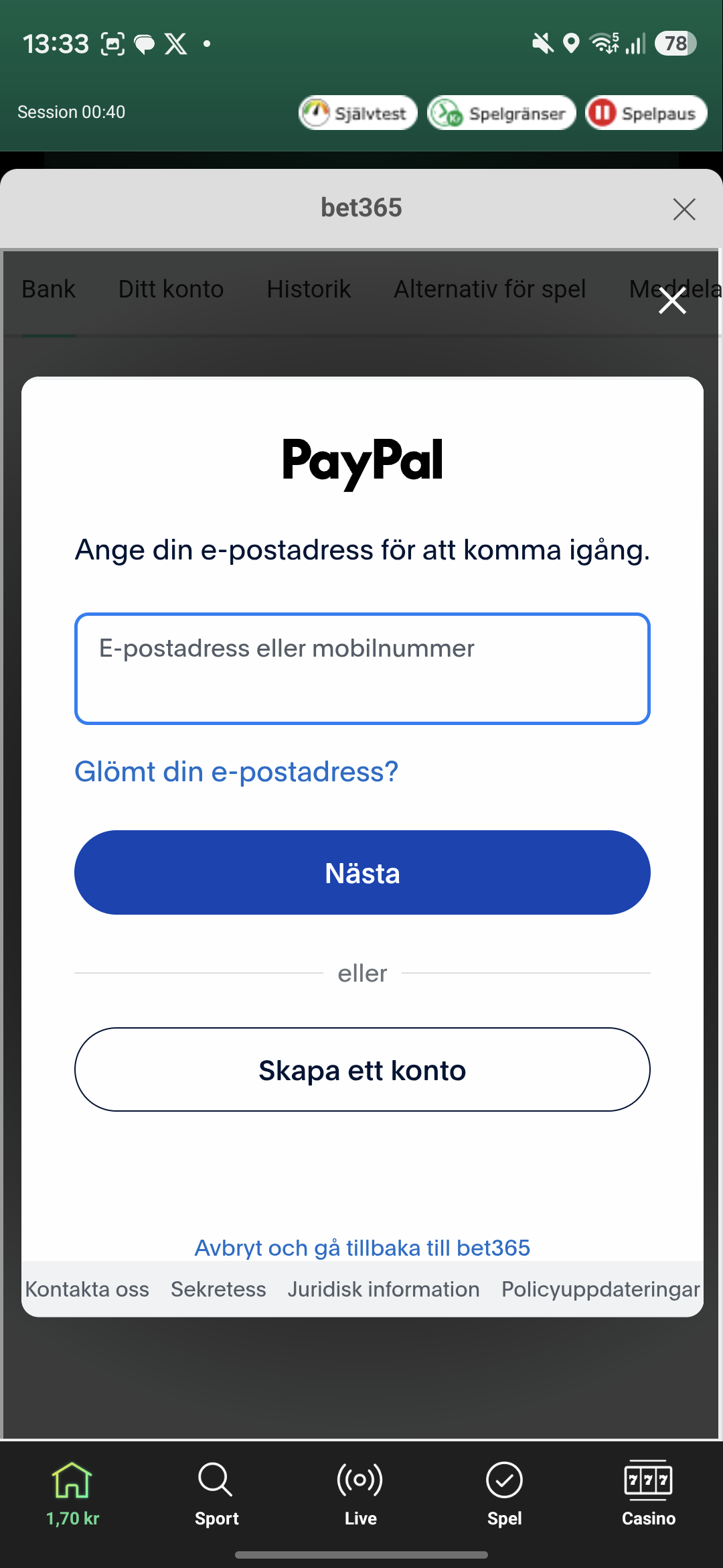 PayPal insättning 2 Bet365