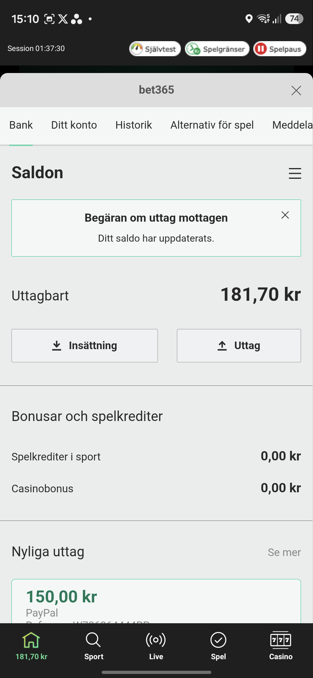 PayPal uttag Bet365 3
