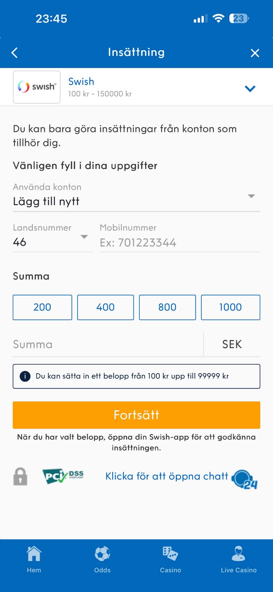 Insättning - NordicBet