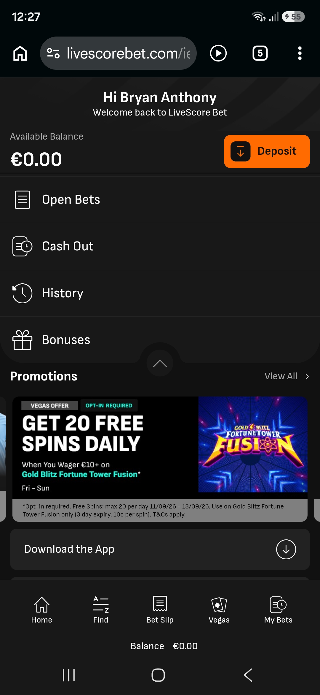 Livescore deposit button